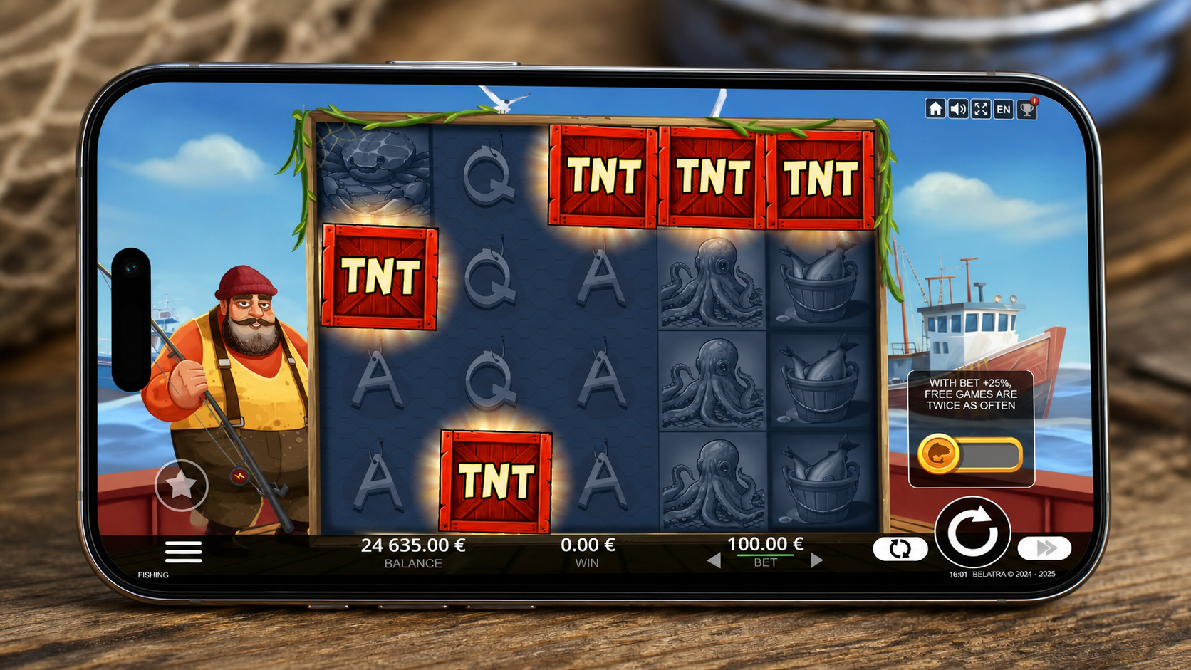 Blast the Bass screenshot - fisherman Wild collecting fish symbols during a Free Games spin
